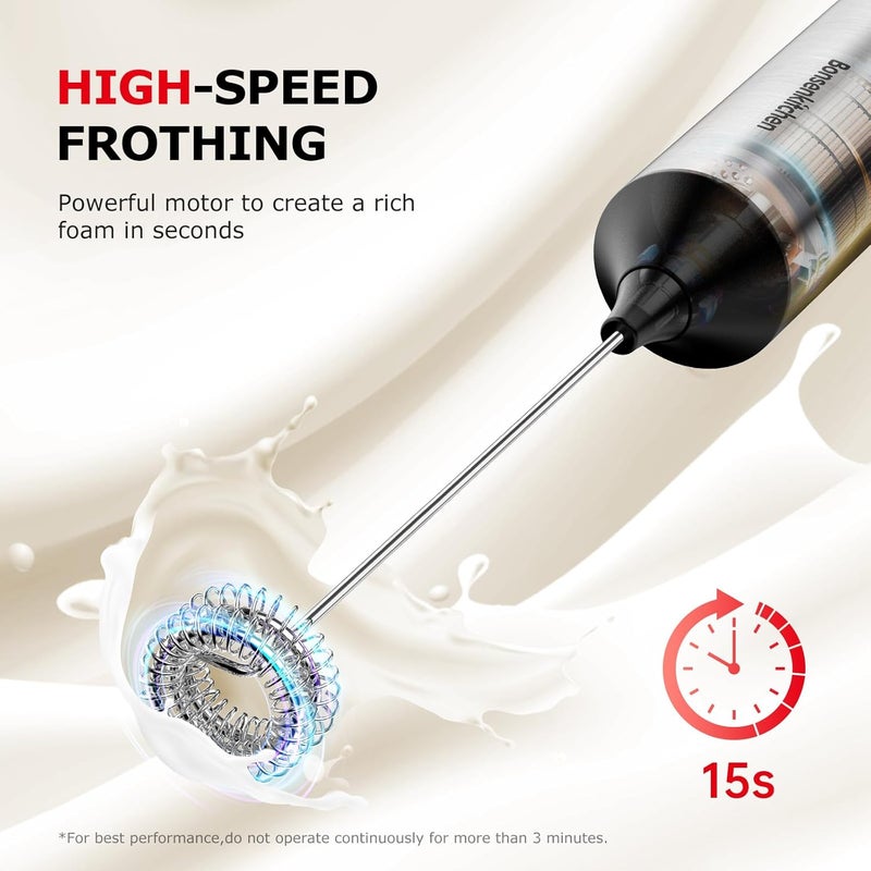 Bonsenkitchen Rechargeable Milk Frother with Stand, Handheld 3-Speed Coffee Frother, Dual Spring Whisk Electric Hand Frother Wand Drink Mixer for Matcha Lattes Cappuccino, Kitchen Gifts - Image 4